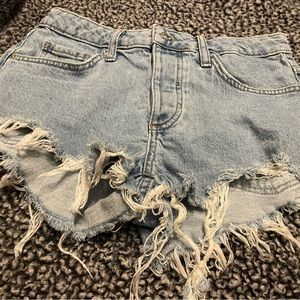 F21 Frayed Raw-Cut Denim Shorts.